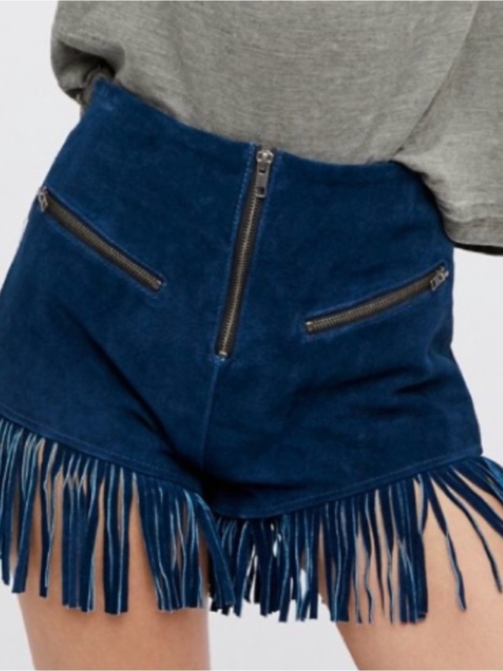 High-Rise Navy Suede Fringe Shorts with Zipper Detail